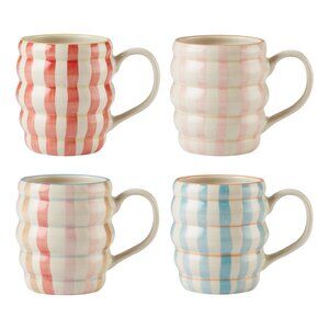 Set of 4 Hand-Painted Gingham Patterned Ceramic Mugs 18 oz Capacity, Unique Past